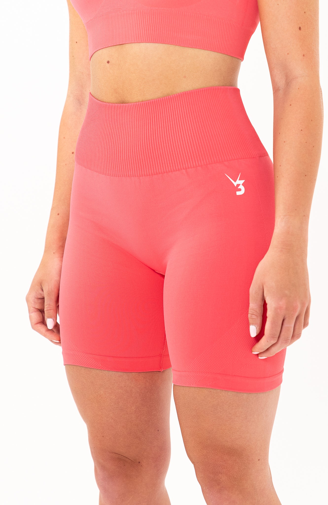 redbaysand Women's seamless Limitless high waisted cycle shorts in coral pink – Squat proof 5 inch inseam leg bum enhancing shorts for Gym workouts training, Running, yoga, bodybuilding and bikini fitness.