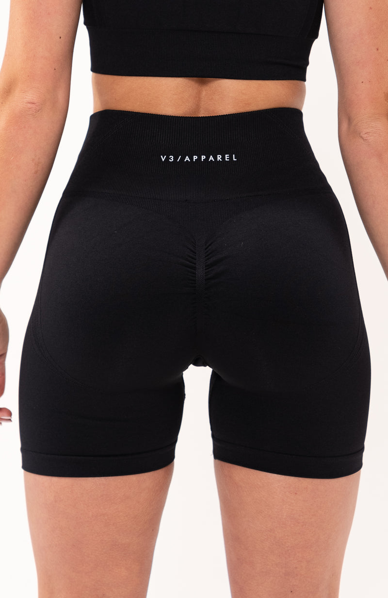 V3 Apparel Women's Tempo seamless scrunch bum shaping high waisted cycle shorts in black – Squat proof 5 inch leg gym shorts for workouts training, Running, yoga, bodybuilding and bikini fitness.