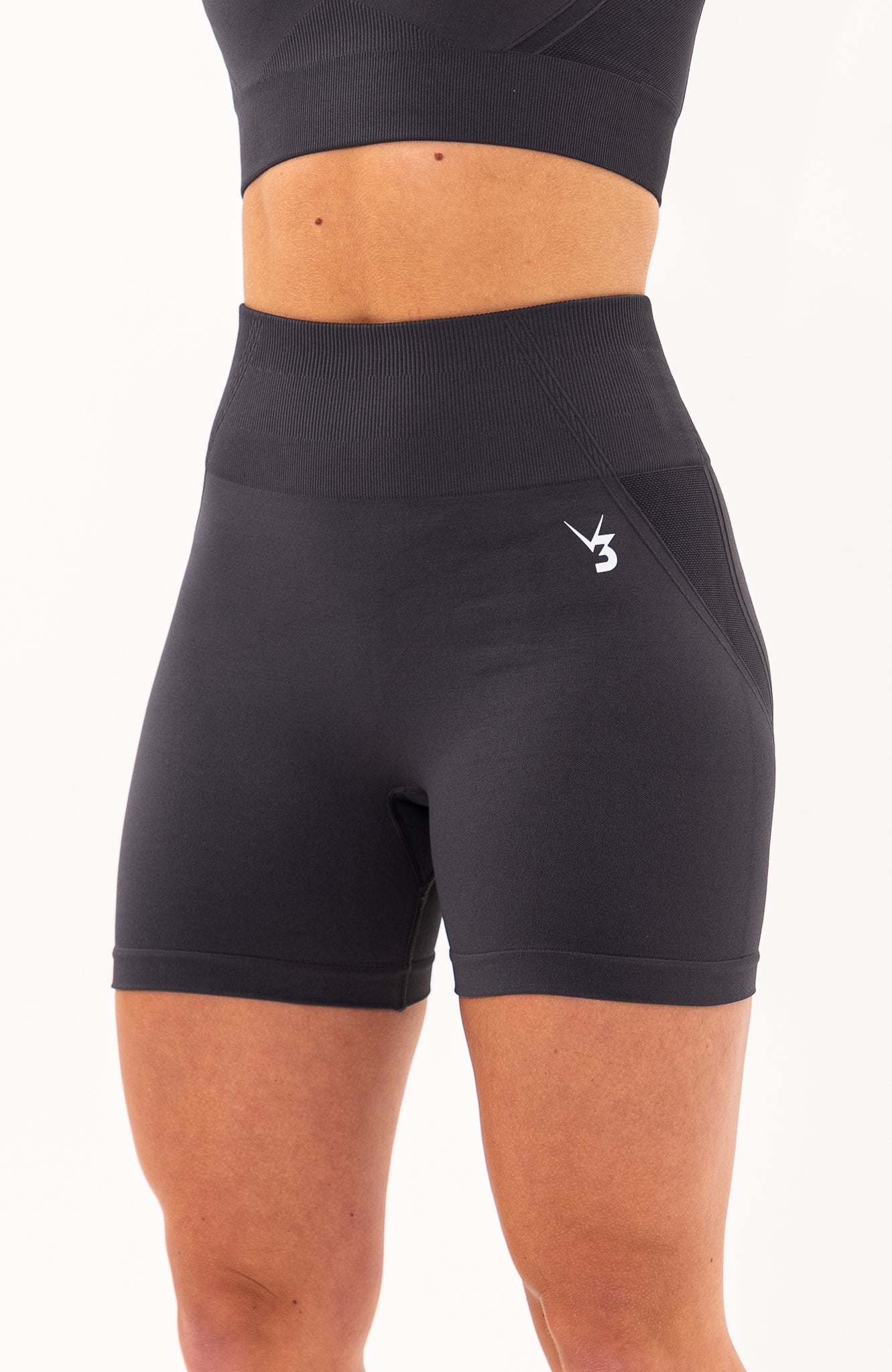 V3 Apparel Women's Tempo seamless scrunch bum shaping high waisted cycle shorts in charcoal grey – Squat proof 5 inch leg gym shorts for workouts training, Running, yoga, bodybuilding and bikini fitness.