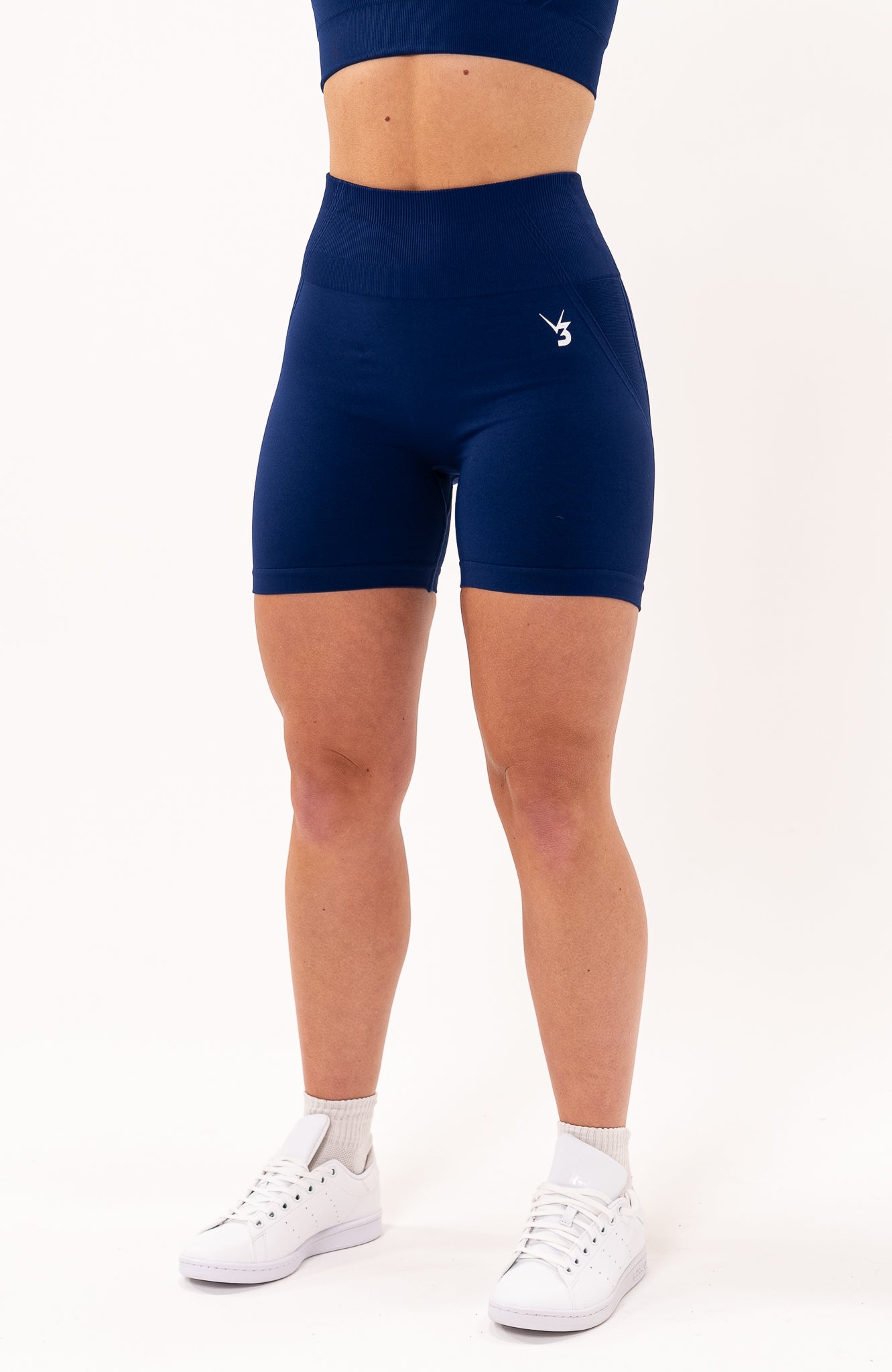 V3 Apparel Women's Tempo seamless scrunch bum shaping high waisted cycle shorts in navy royal blue – Squat proof 5 inch leg gym shorts for workouts training, Running, yoga, bodybuilding and bikini fitness.