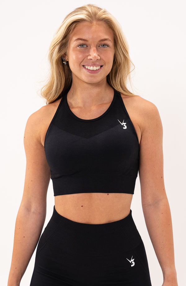 V3 Apparel Women's Tempo seamless training sports bra in black with removable padded cups and straps for gym workouts training, Running, yoga, bodybuilding and bikini fitness.