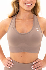V3 Apparel Women's seamless Limitless training sports bra in fawn with removable padded cups and strap for gym workouts training, Running, yoga, bodybuilding and bikini fitness.