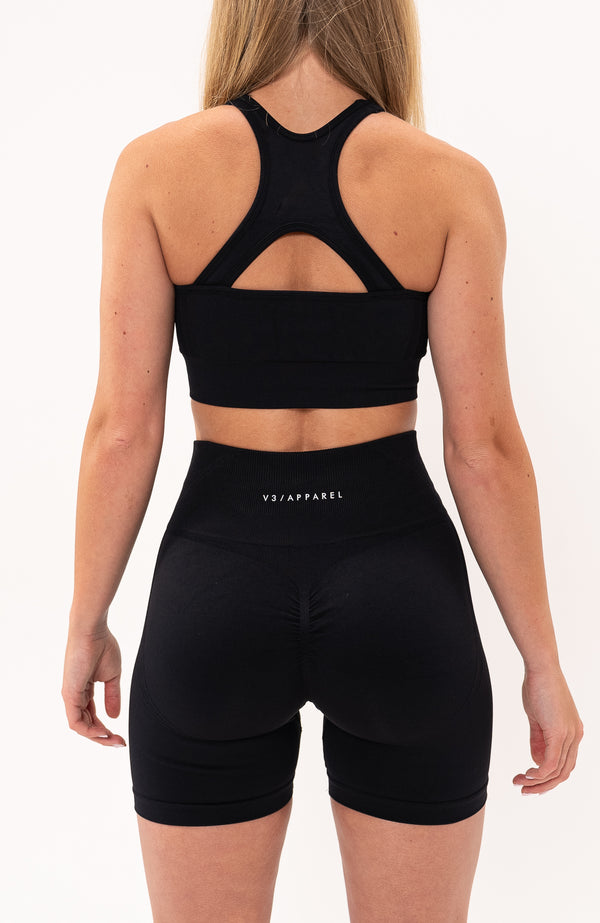 V3 Apparel Women's Tempo seamless training sports bra in black with removable padded cups and straps for gym workouts training, Running, yoga, bodybuilding and bikini fitness.