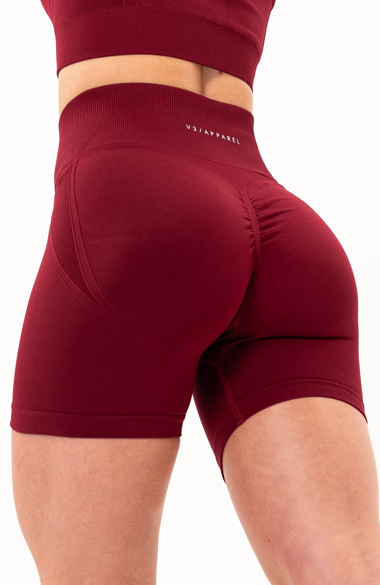 V3 Apparel Women's Tempo seamless scrunch bum shaping high waisted cycle shorts in burgundy red – Squat proof 5 inch leg gym shorts for workouts training, Running, yoga, bodybuilding and bikini fitness.