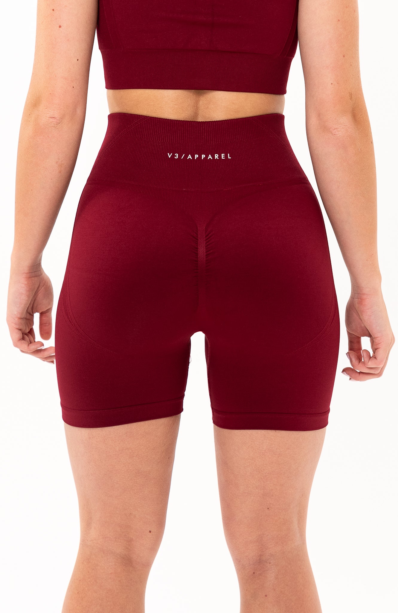 V3 Apparel Women's Tempo seamless scrunch bum shaping high waisted cycle shorts in burgundy red – Squat proof 5 inch leg gym shorts for workouts training, Running, yoga, bodybuilding and bikini fitness.