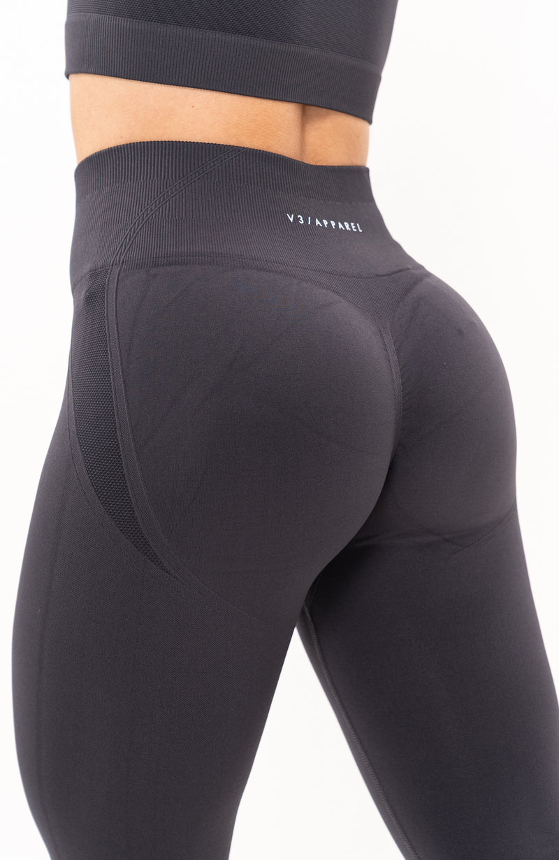V3 Apparel Women's Tempo seamless scrunch bum shaping high waisted leggings in charcoal grey – Squat proof sports tights for Gym workouts training, Running, yoga, bodybuilding and bikini fitness.