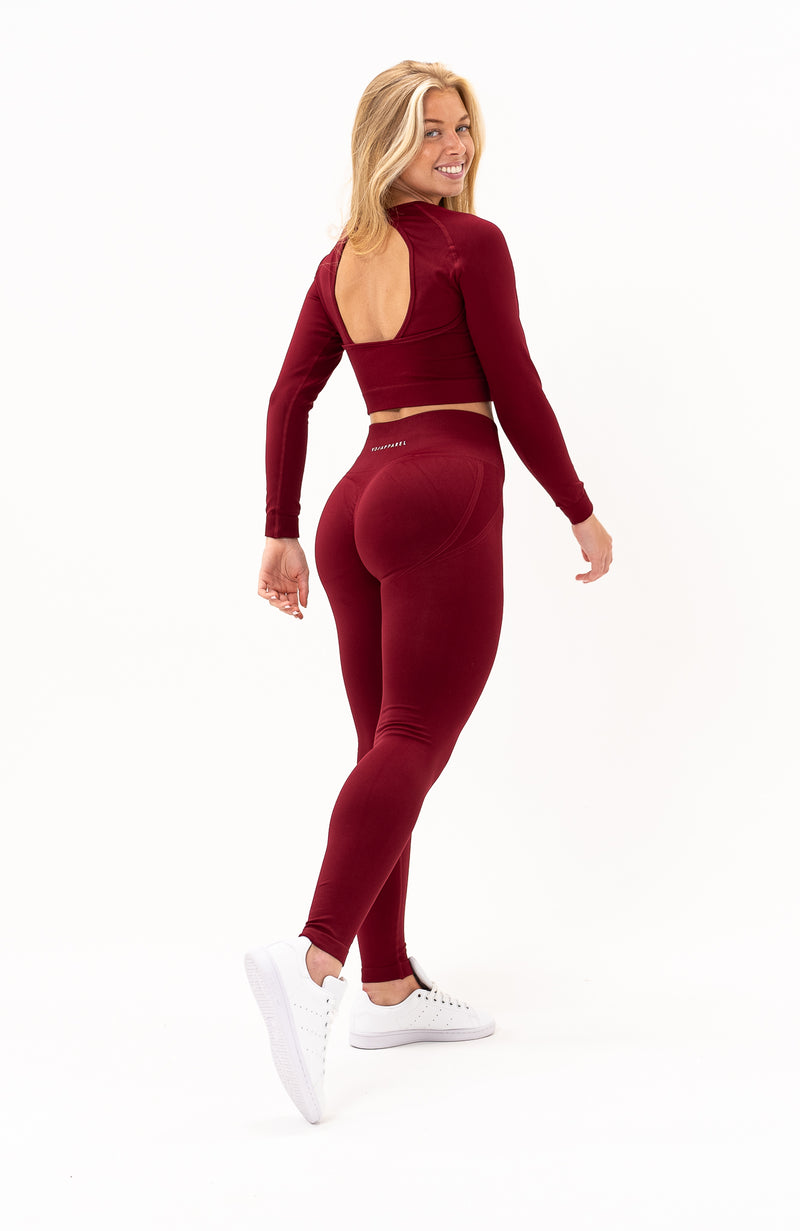 V3 Apparel Womens 2-Piece Tempo Seamless Scrunch Workout Outfit - Burgundy  Red - Gym Workout Leggings & Fitness Sports Bra