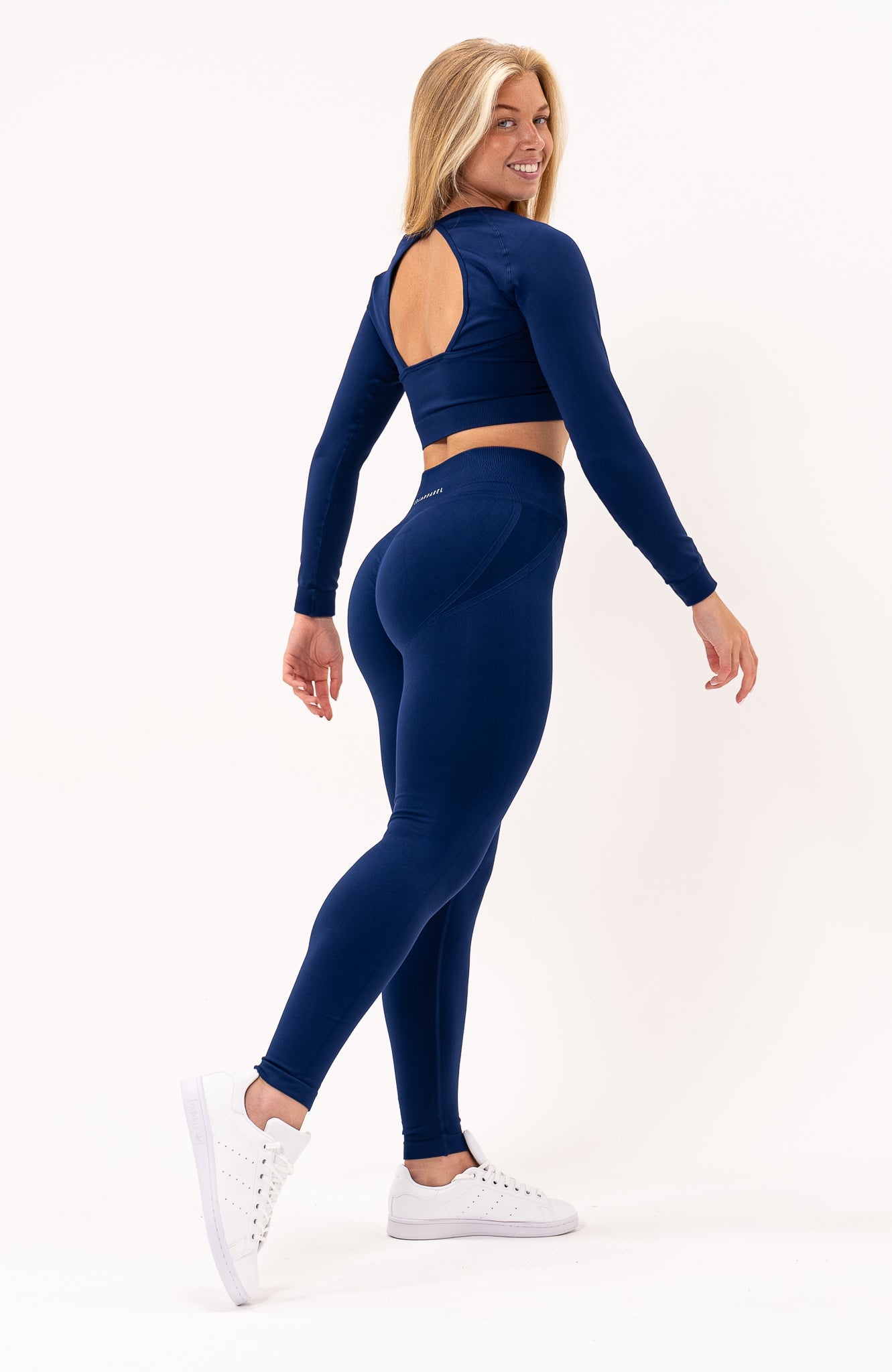 V3 Apparel Women's Tempo seamless long sleeve cropped training top in navy royal blue with thumb hole long sleeves and crop fit for gym workouts training, Running, yoga, bodybuilding and bikini fitness.