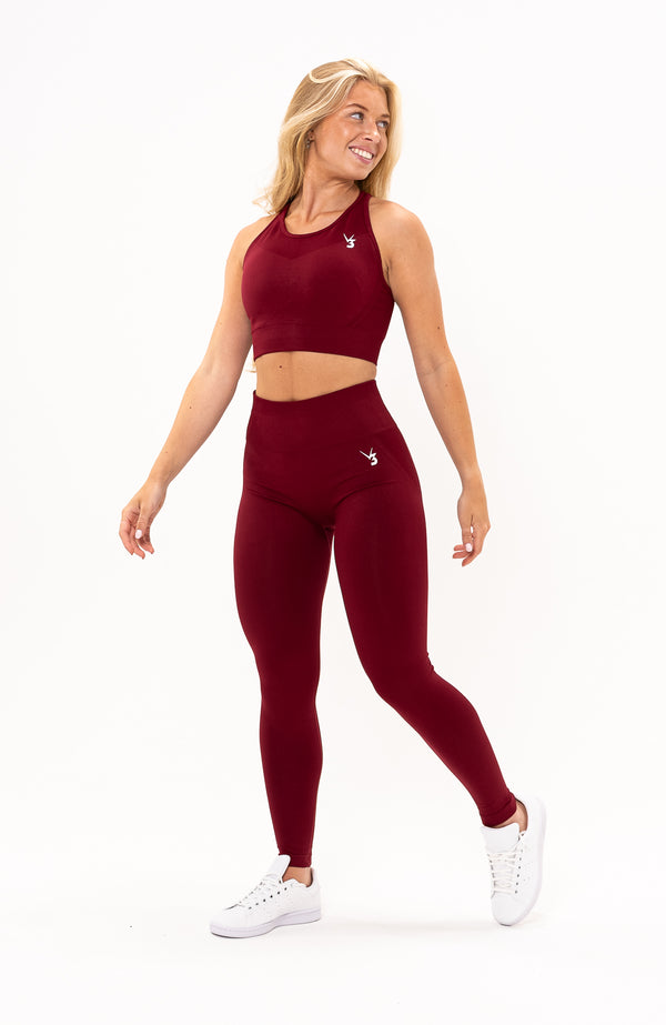V3 Apparel Women's Tempo seamless scrunch bum shaping high waisted leggings and training sports bra in burgundy red – Squat proof sports tights and training bra for Gym workouts training, Running, yoga, bodybuilding and bikini fitness.