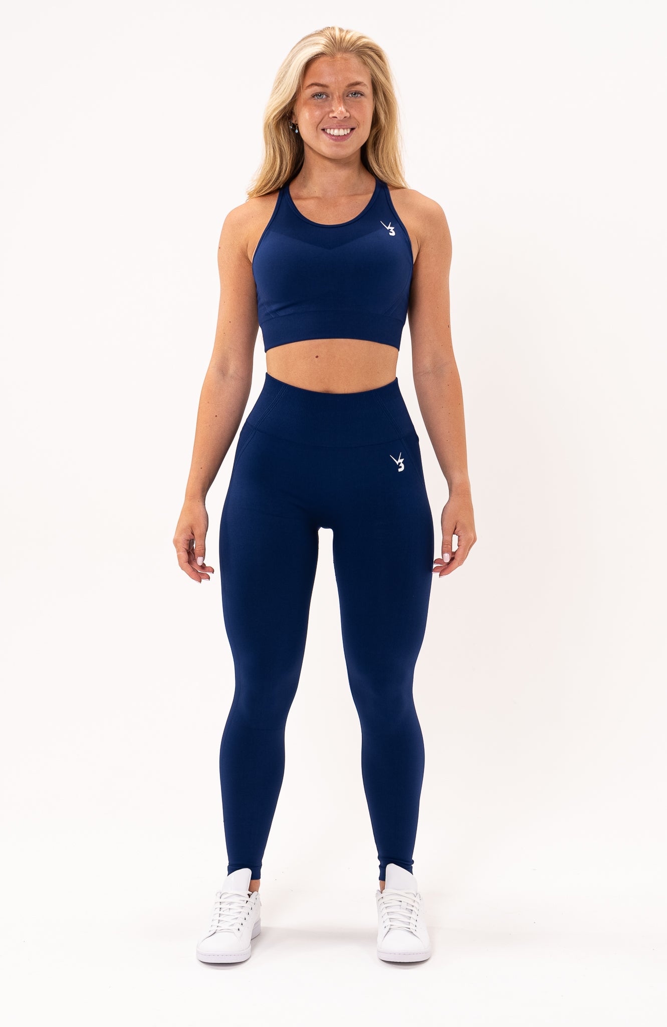 V3 Apparel Women's Tempo seamless scrunch bum shaping high waisted leggings and training sports bra in royal navy blue – Squat proof sports tights and training bra for Gym workouts training, Running, yoga, bodybuilding and bikini fitness.