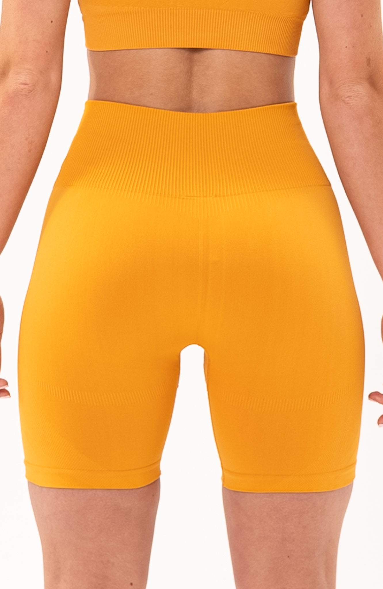 redbaysand Women's seamless Limitless high waisted cycle shorts in orange – Squat proof 5 inch inseam leg bum enhancing shorts for Gym workouts training, Running, yoga, bodybuilding and bikini fitness.