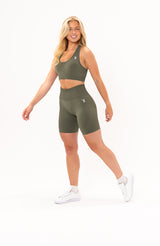 V3 Apparel Women's seamless Limitless training sports bra in olive fade green with removable padded cups and strap for gym workouts training, Running, yoga, bodybuilding and bikini fitness.