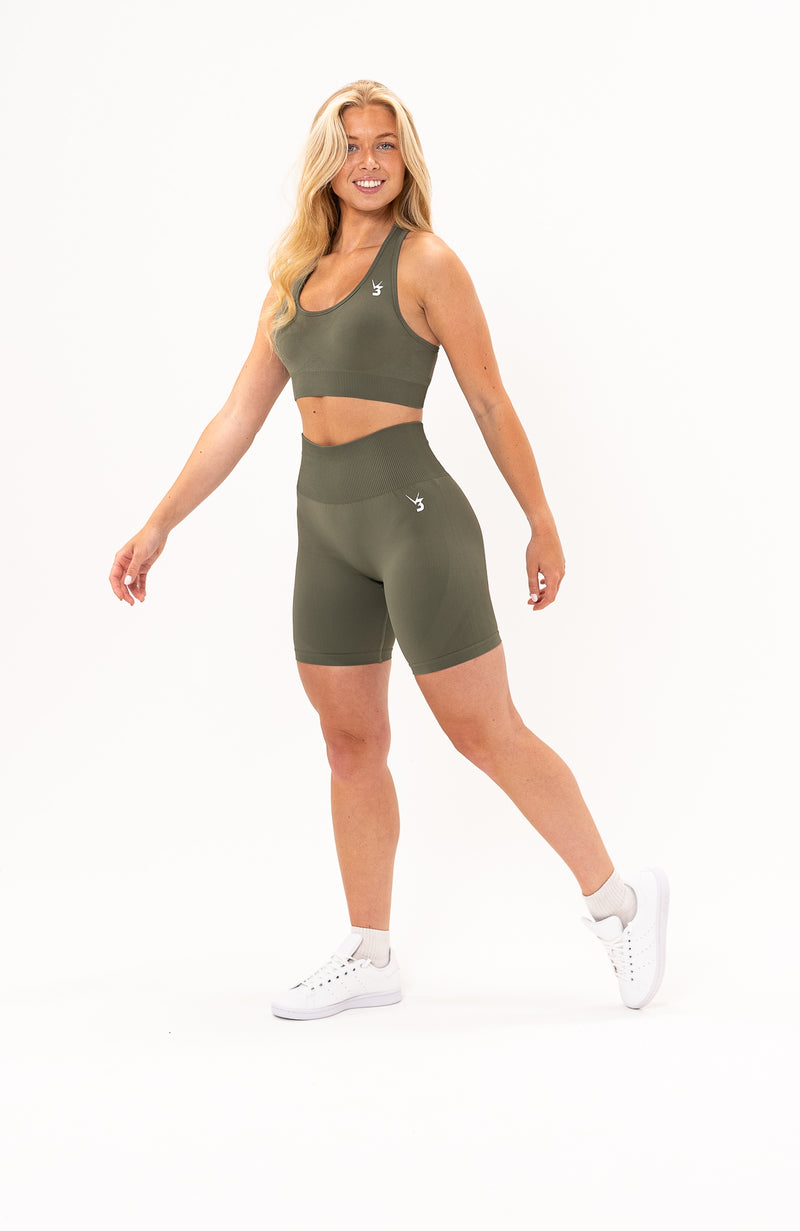 V3 Apparel Women's seamless Limitless training sports bra in olive fade green with removable padded cups and strap for gym workouts training, Running, yoga, bodybuilding and bikini fitness.