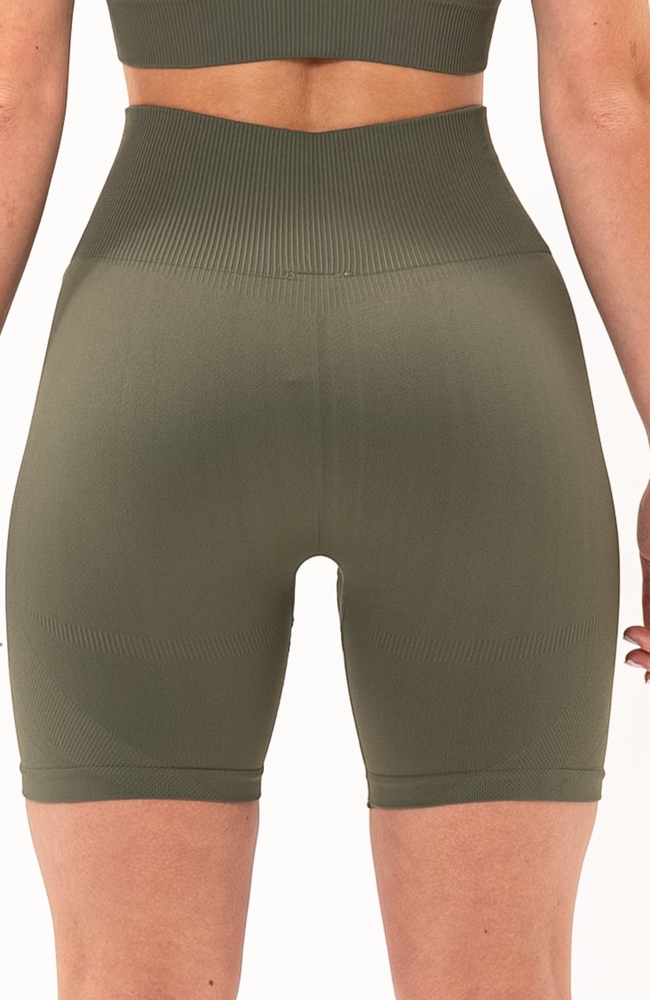 redbaysand Women's seamless Limitless high waisted cycle shorts in olive fade green – Squat proof 5 inch inseam leg bum enhancing shorts for Gym workouts training, Running, yoga, bodybuilding and bikini fitness.