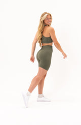 V3 Apparel Women's seamless Limitless high waisted cycle shorts in olive fade green – Squat proof 5 inch inseam leg bum enhancing shorts for Gym workouts training, Running, yoga, bodybuilding and bikini fitness.
