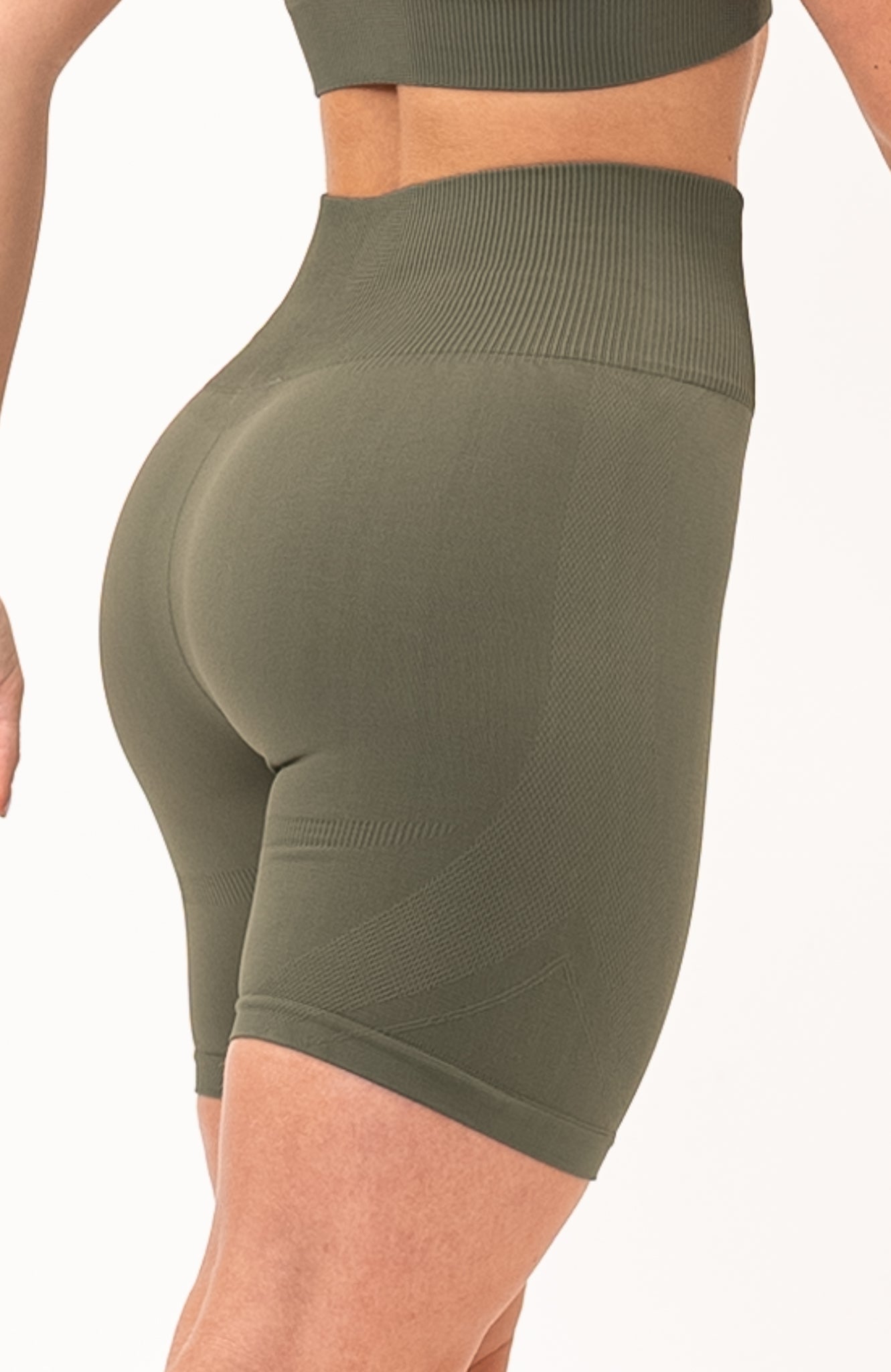 redbaysand Women's seamless Limitless high waisted cycle shorts in olive fade green – Squat proof 5 inch inseam leg bum enhancing shorts for Gym workouts training, Running, yoga, bodybuilding and bikini fitness.