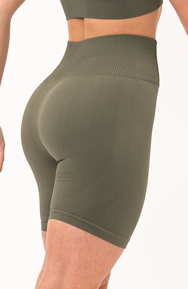 V3 Apparel Women's seamless Limitless high waisted cycle shorts in olive fade green – Squat proof 5 inch inseam leg bum enhancing shorts for Gym workouts training, Running, yoga, bodybuilding and bikini fitness.