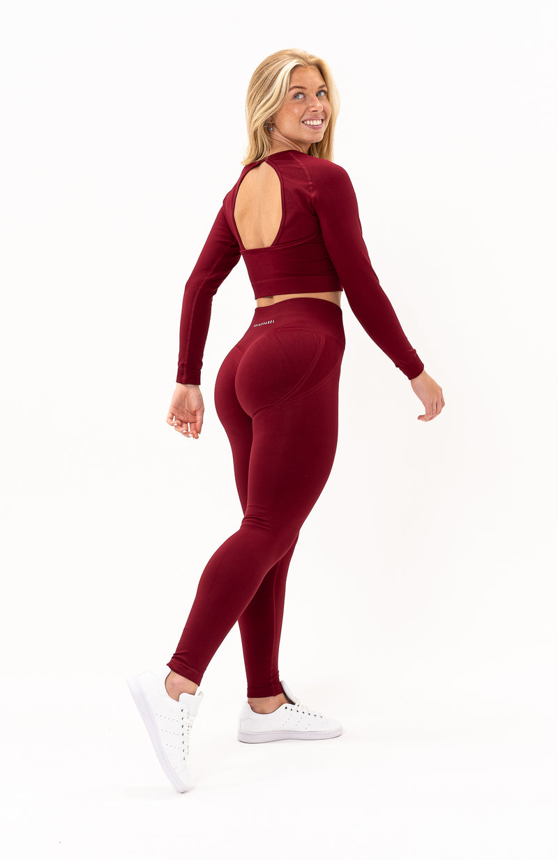 V3 Apparel Womens Tempo Seamless Scrunch Leggings & Long Sleeve Set -  Burgundy Red - Gym, Run, Yoga