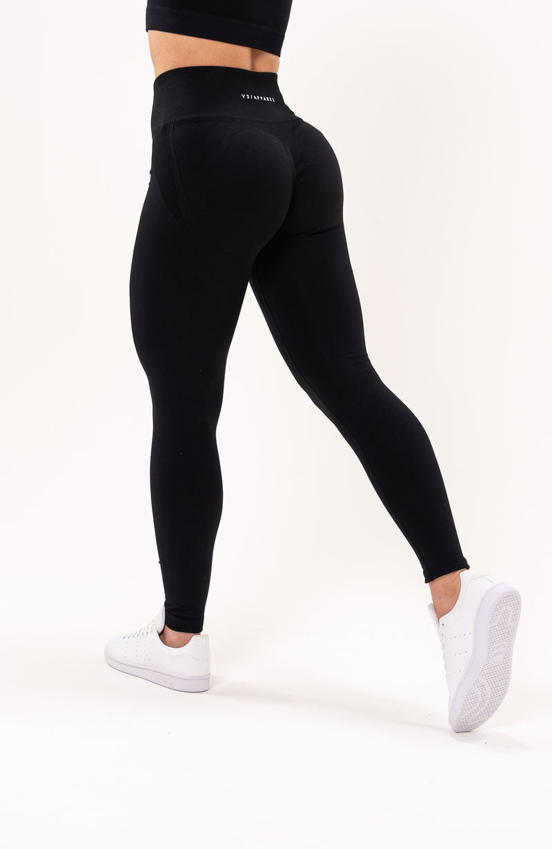 V3 Apparel Womens Tempo Seamless Scrunch Leggings & Long Sleeve Set - Black  - Gym, Run, Yoga