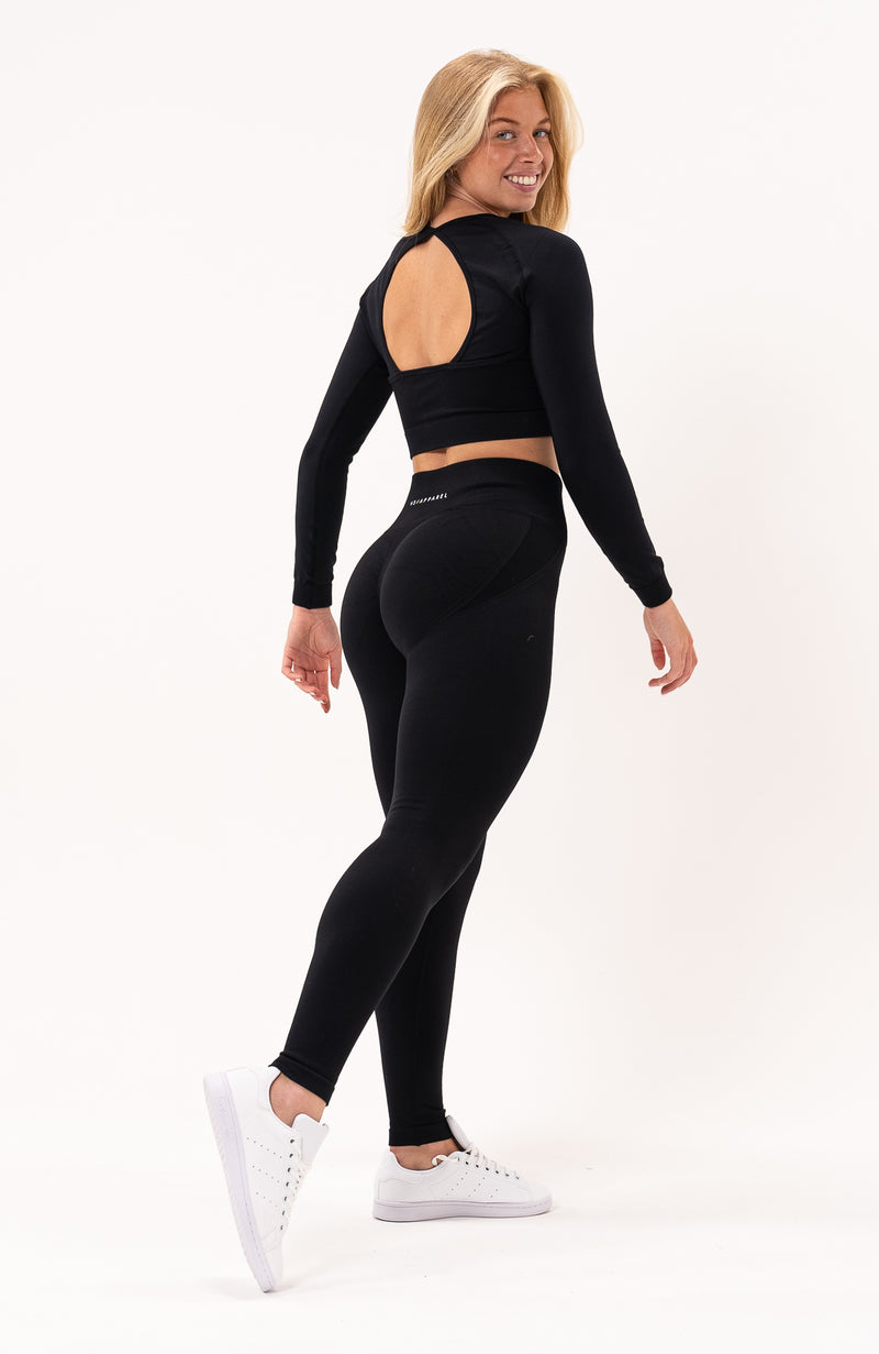 V3 Apparel Womens Tempo Seamless Scrunch Leggings & Long Sleeve Set - Black  - Gym, Run, Yoga