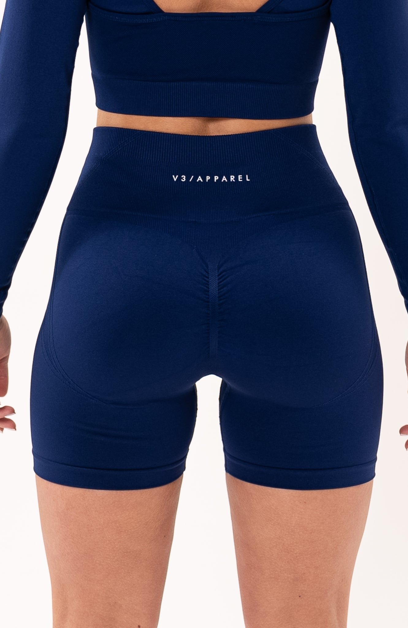 V3 Apparel Women's Tempo seamless scrunch bum shaping high waisted cycle shorts in navy royal blue – Squat proof 5 inch leg gym shorts for workouts training, Running, yoga, bodybuilding and bikini fitness.