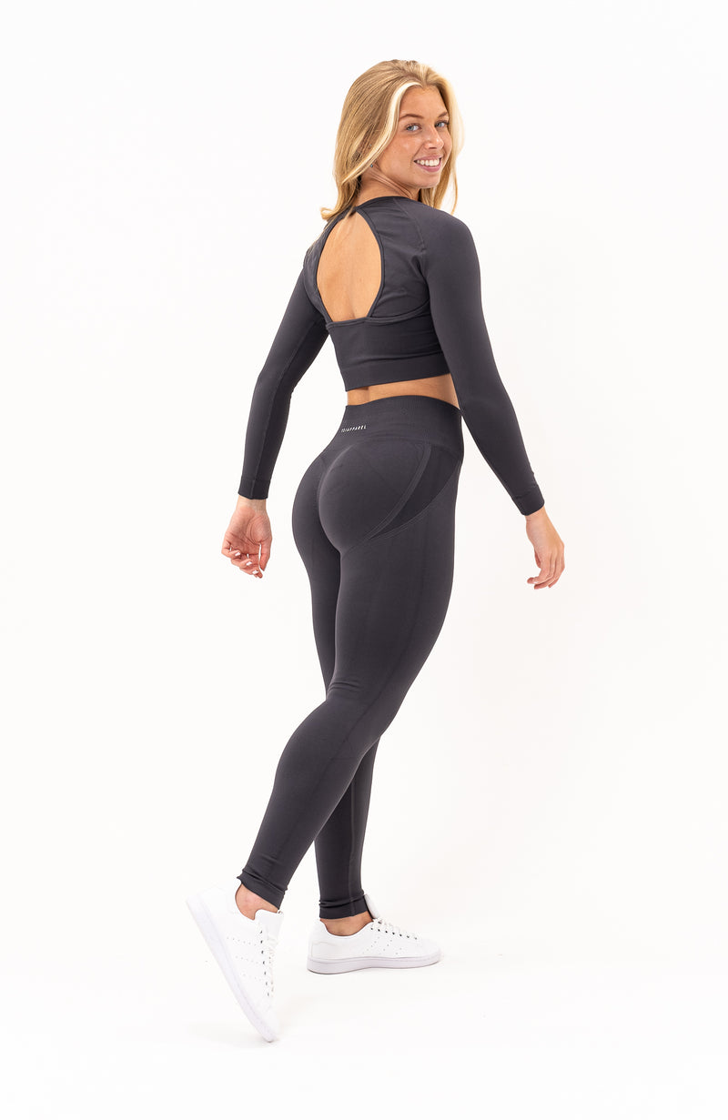 V3 Apparel Womens Tempo Seamless Scrunch Leggings & Long Sleeve Set - Grey  - Gym, Run, Yoga