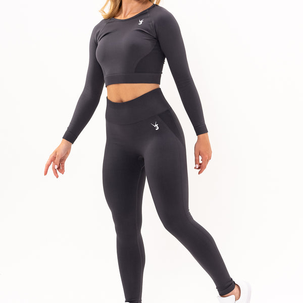V3 Apparel Womens Tempo Seamless Scrunch Leggings & Long Sleeve Set - Grey  - Gym, Run, Yoga