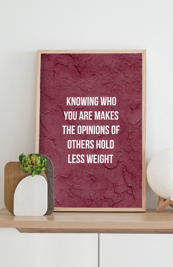 V3 Apparel womens Knowing Who You are Makes the Opinions of Others Hold Less Weight, Motivational posters, mens inspirational wall artwork and empowering poster quote designs for office, home gym, school, kitchen and living room.