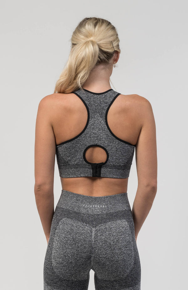 V3 Apparel Women's seamless Excel training sports bra in grey with removable padded cups and straps for gym workouts training, Running, yoga, bodybuilding and bikini fitness.