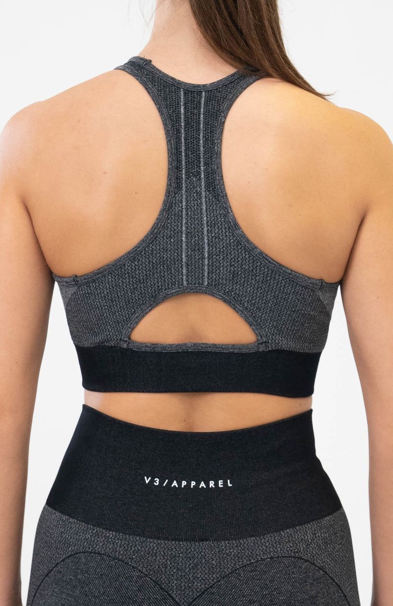 V3 Apparel Women's seamless Unity training sports bra in black with removable padded cups and strap for gym workouts training, Running, yoga, bodybuilding and bikini fitness.
