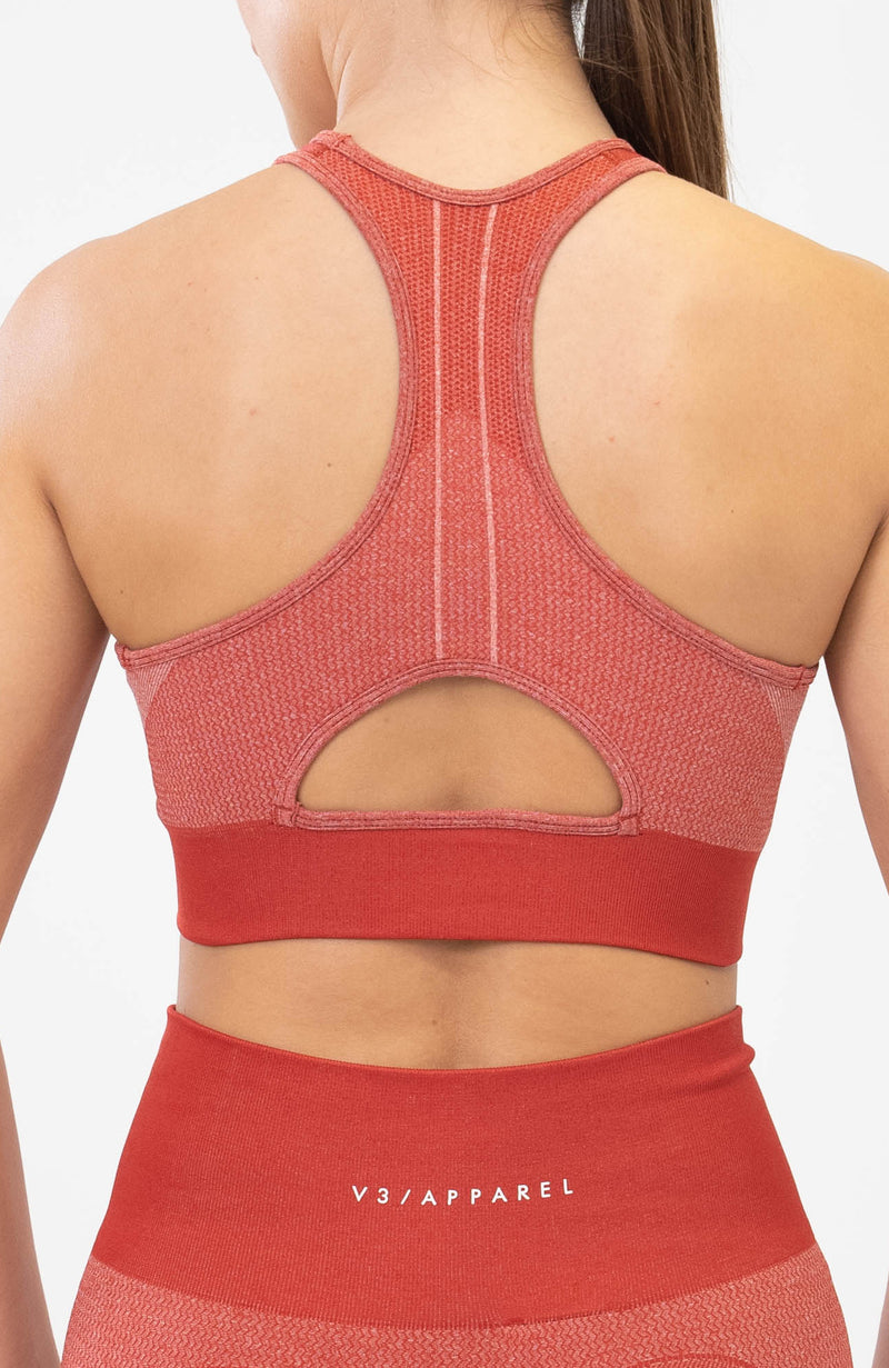V3 Apparel Women's seamless Unity training sports bra in scarlet red with removable padded cups and strap for gym workouts training, Running, yoga, bodybuilding and bikini fitness.