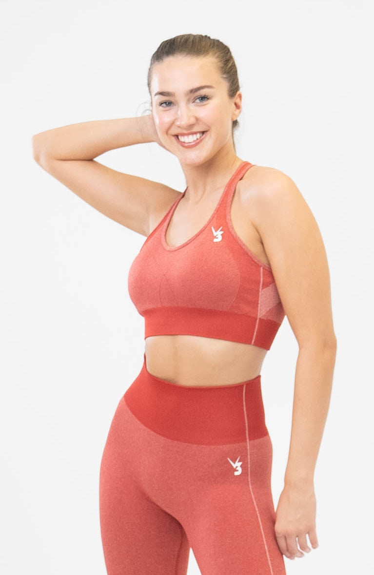 V3 Apparel Women's seamless Unity training sports bra in scarlet red with removable padded cups and strap for gym workouts training, Running, yoga, bodybuilding and bikini fitness.
