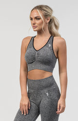 V3 Apparel Women's seamless Empower training sports bra in dark grey marl with removable padded cups and strap for gym workouts training, Running, yoga, bodybuilding and bikini fitness.